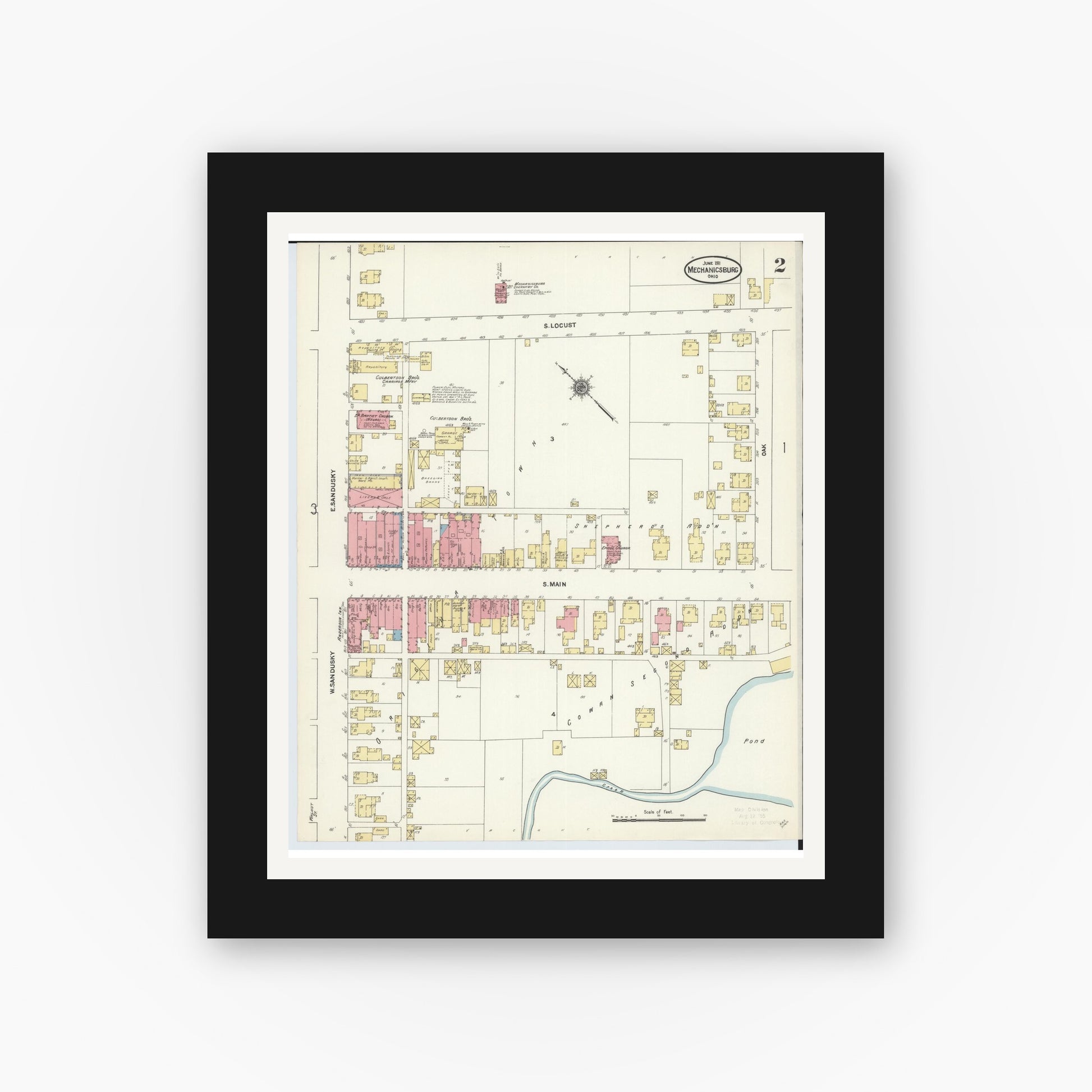 Old map wall art mockup — black gallery frame with white mat — Sanborn Fire Insurance Map from Mechanicsburg, Champaign County, Ohio (1911), Sheet #0002