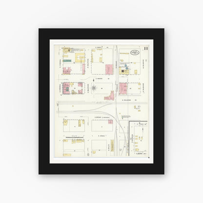 Old map wall art mockup — black gallery frame with white mat — Sanborn Fire Insurance Map from Terrell, Kaufman County, Texas (1909), Sheet #0011