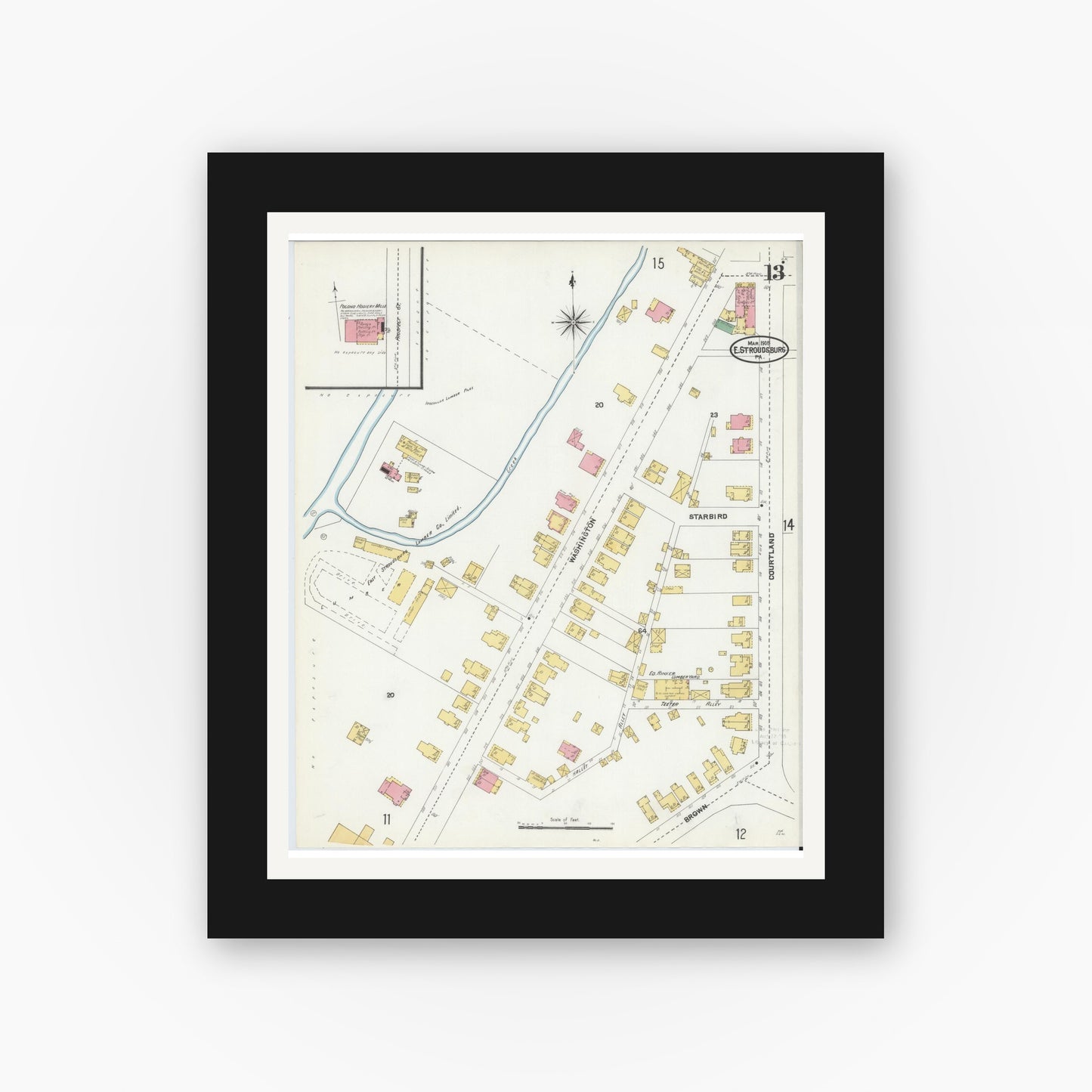 Old map wall art mockup — black gallery frame with white mat — Sanborn Fire Insurance Map from Stroudsburg, Monroe County, Pennsylvania (1905), Sheet #0013