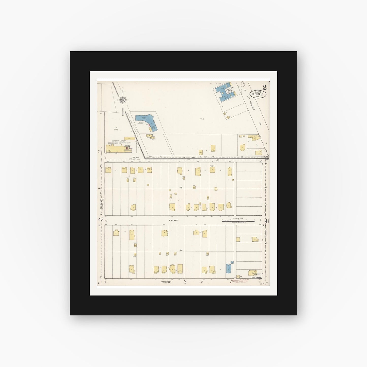 Old map wall art mockup — black gallery frame with white mat — Sanborn Fire Insurance Map from Glendale, Los Angeles County, California (1919), Sheet #0002