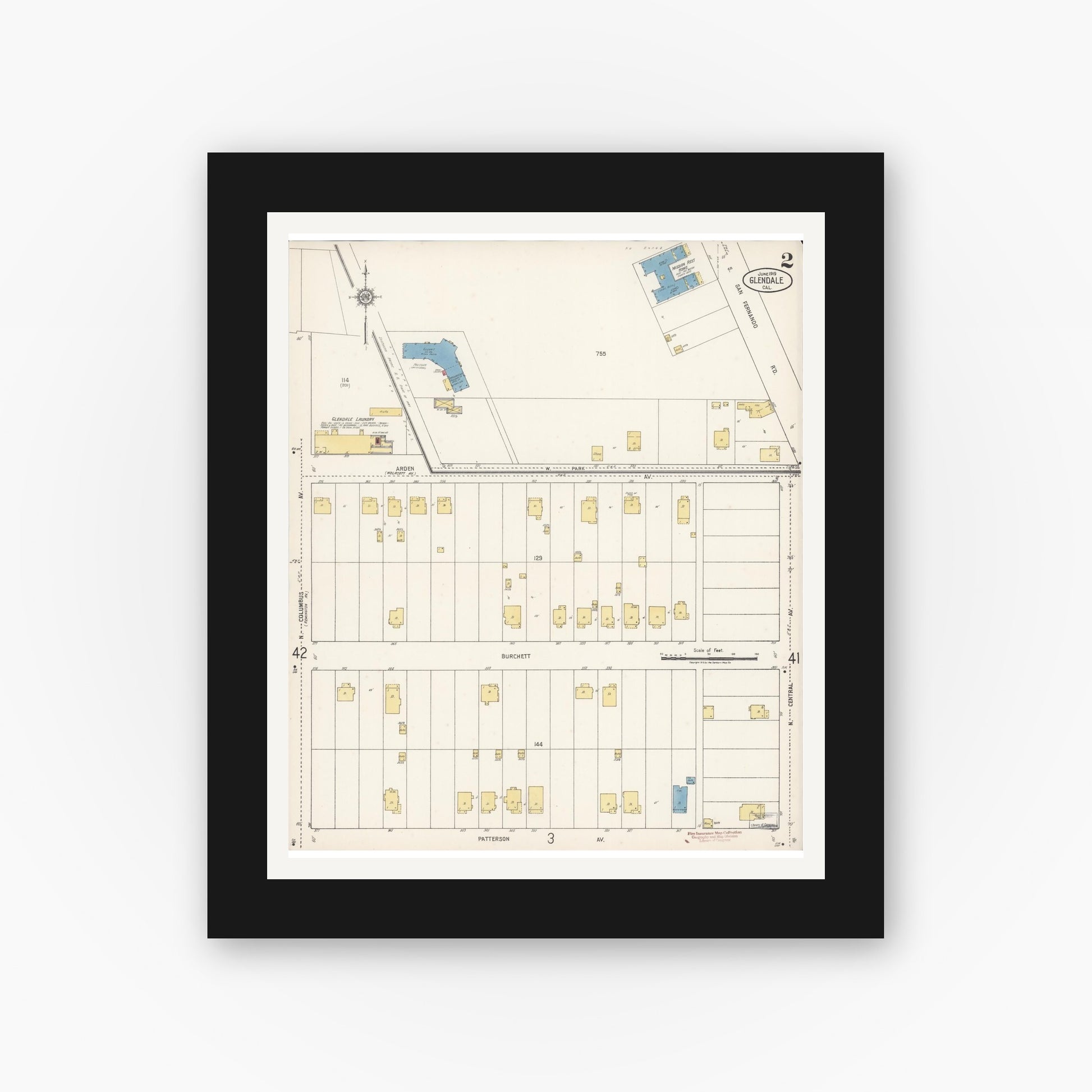 Old map wall art mockup — black gallery frame with white mat — Sanborn Fire Insurance Map from Glendale, Los Angeles County, California (1919), Sheet #0002