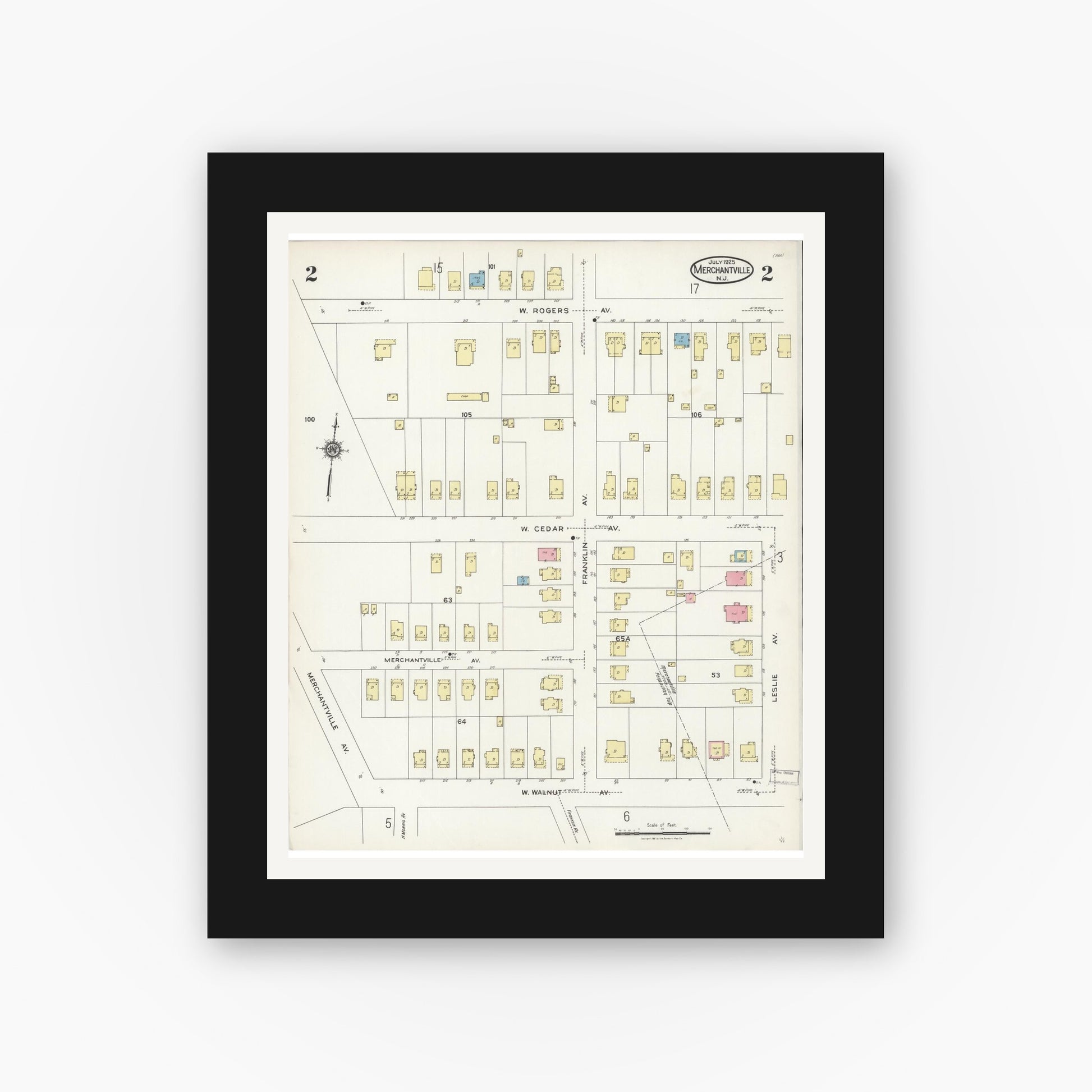Old map wall art mockup — black gallery frame with white mat — Sanborn Fire Insurance Map from Merchantville, Camden County, New Jersey (1925), Sheet #0002