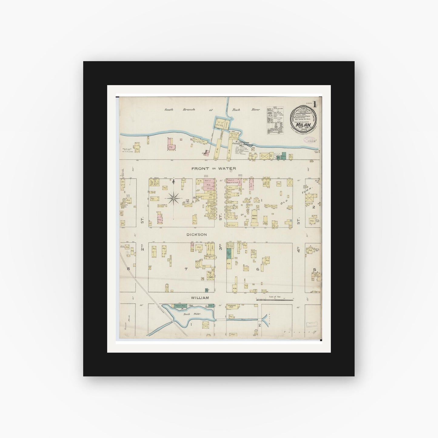 Old map wall art mockup — black gallery frame with white mat — Sanborn Fire Insurance Map from Milan, Rock Island County, Illinois (1886), Sheet #0001