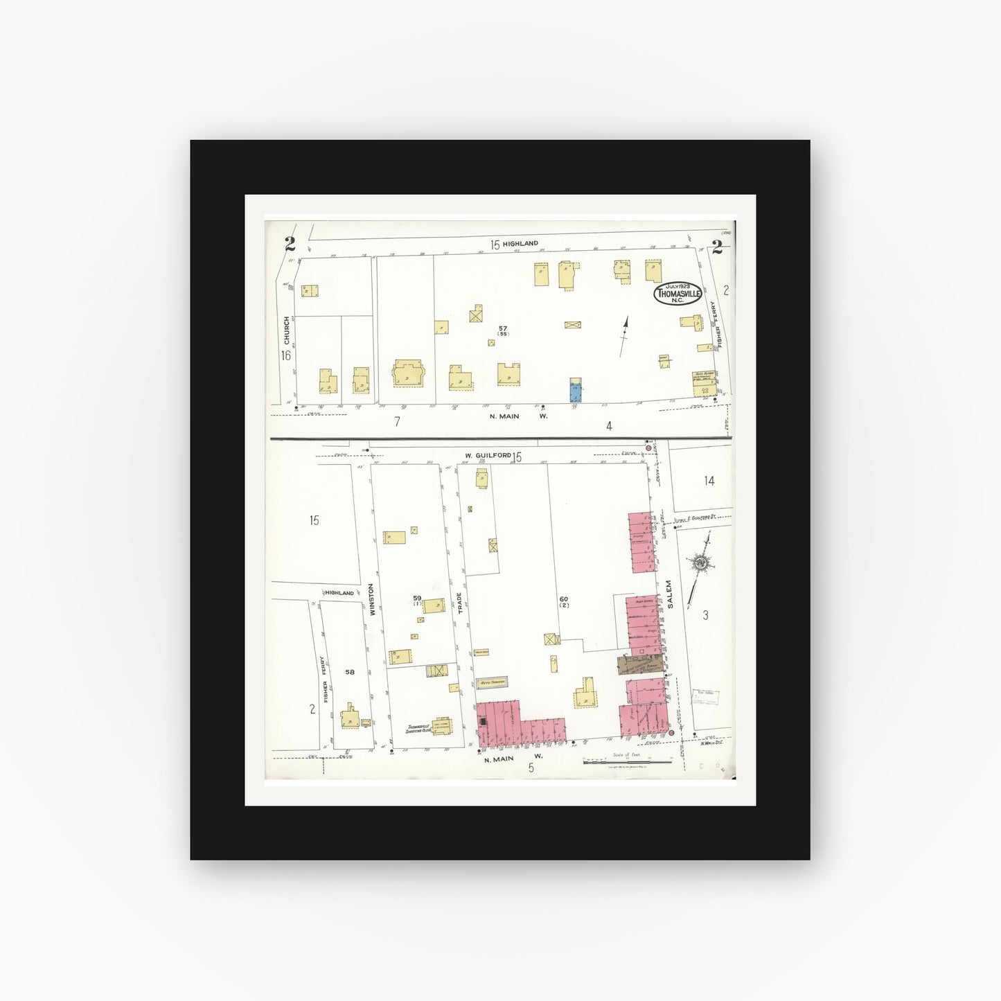 Old map wall art mockup — black gallery frame with white mat — Sanborn Fire Insurance Map from Thomasville, Davidson County, North Carolina (1923), Sheet #0002