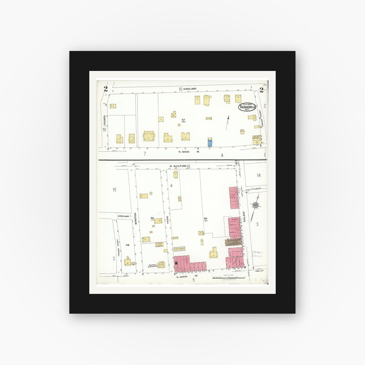Old map wall art mockup — black gallery frame with white mat — Sanborn Fire Insurance Map from Thomasville, Davidson County, North Carolina (1923), Sheet #0002