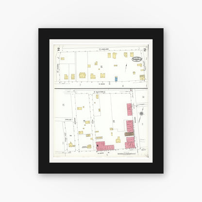 Old map wall art mockup — black gallery frame with white mat — Sanborn Fire Insurance Map from Thomasville, Davidson County, North Carolina (1923), Sheet #0002