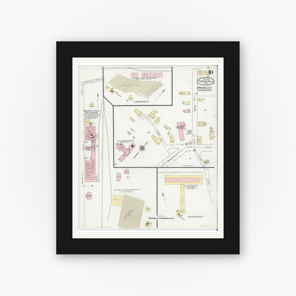 Old map wall art mockup — black gallery frame with white mat — Sanborn Fire Insurance Map from Turners Falls, Franklin County, Massachusetts (1914), Sheet #0010