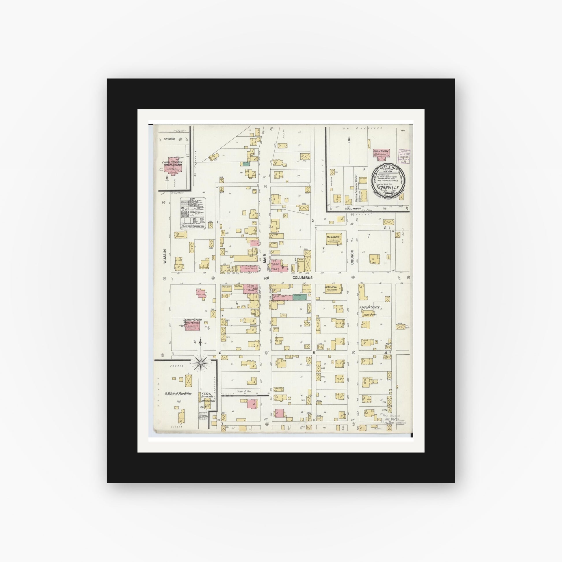 Old map wall art mockup — black gallery frame with white mat — Sanborn Fire Insurance Map from Thornville, Perry County, Ohio (1901), Sheet #0001