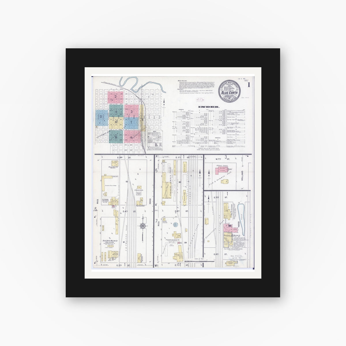 Old map wall art mockup — black gallery frame with white mat — Sanborn Fire Insurance Map from Blue Earth, Faribault County, Minnesota (1911) - Complete Map Set