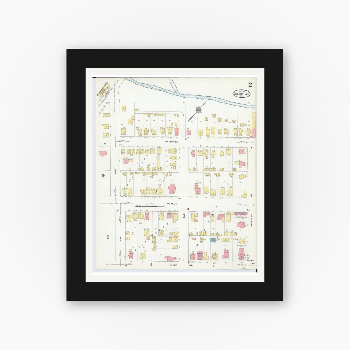 Old map wall art mockup — black gallery frame with white mat — Sanborn Fire Insurance Map from Greenville, Darke County, Ohio (1910), Sheet #0002