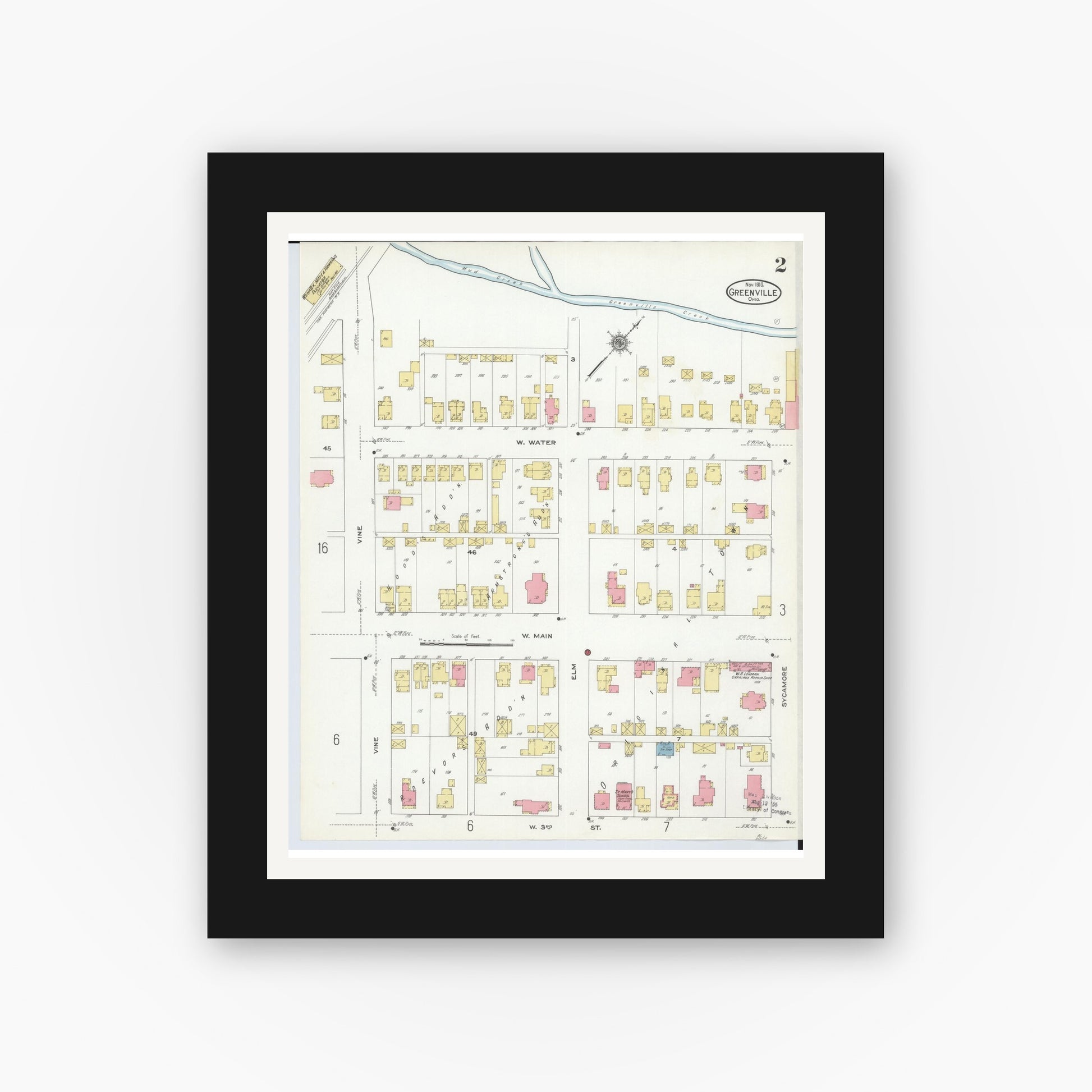 Old map wall art mockup — black gallery frame with white mat — Sanborn Fire Insurance Map from Greenville, Darke County, Ohio (1910), Sheet #0002