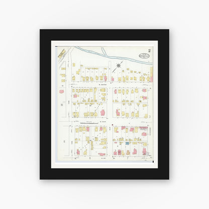Old map wall art mockup — black gallery frame with white mat — Sanborn Fire Insurance Map from Greenville, Darke County, Ohio (1910), Sheet #0002