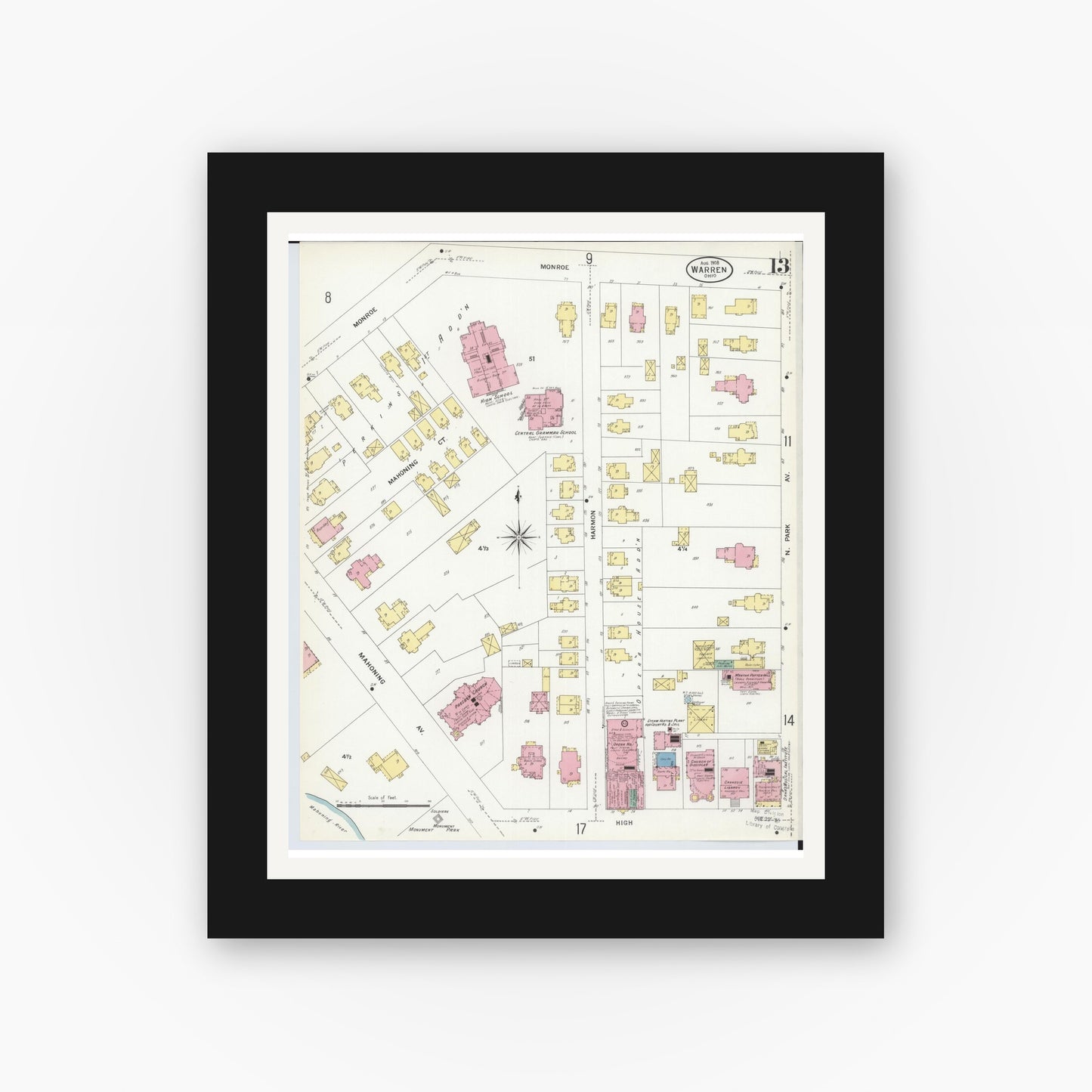 Old map wall art mockup — black gallery frame with white mat — Sanborn Fire Insurance Map from Warren, Trumbull County, Ohio (1908), Sheet #0013