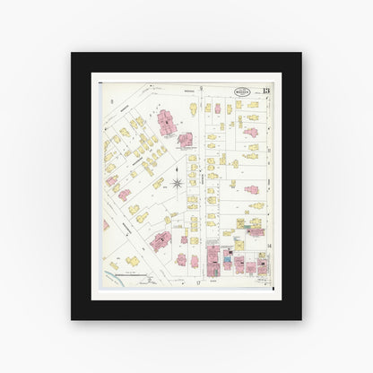 Old map wall art mockup — black gallery frame with white mat — Sanborn Fire Insurance Map from Warren, Trumbull County, Ohio (1908), Sheet #0013