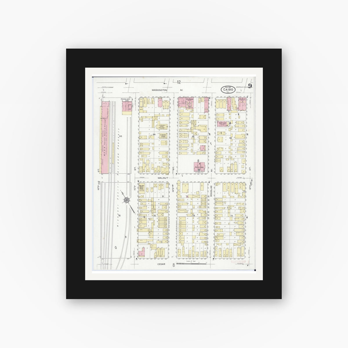 Old map wall art mockup — black gallery frame with white mat — Sanborn Fire Insurance Map from Cairo, Alexander County, Illinois (1914), Sheet #0009