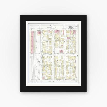 Old map wall art mockup — black gallery frame with white mat — Sanborn Fire Insurance Map from Cairo, Alexander County, Illinois (1914), Sheet #0009