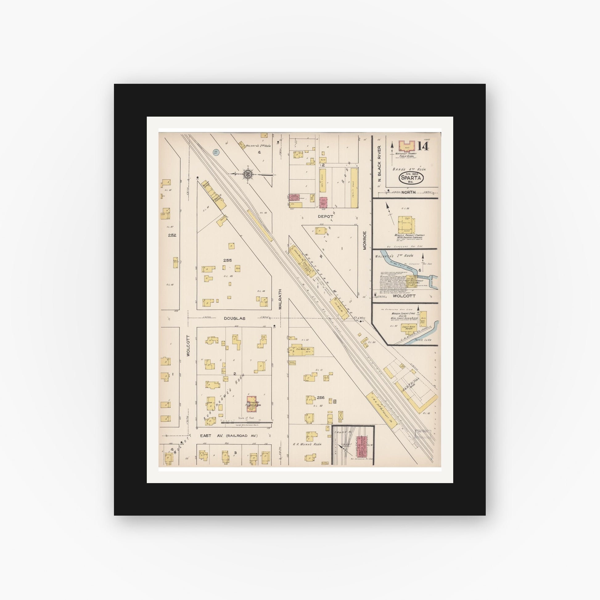 Old map wall art mockup — black gallery frame with white mat — Sanborn Fire Insurance Map from Sparta, Monroe County, Wisconsin (1922), Sheet #0014