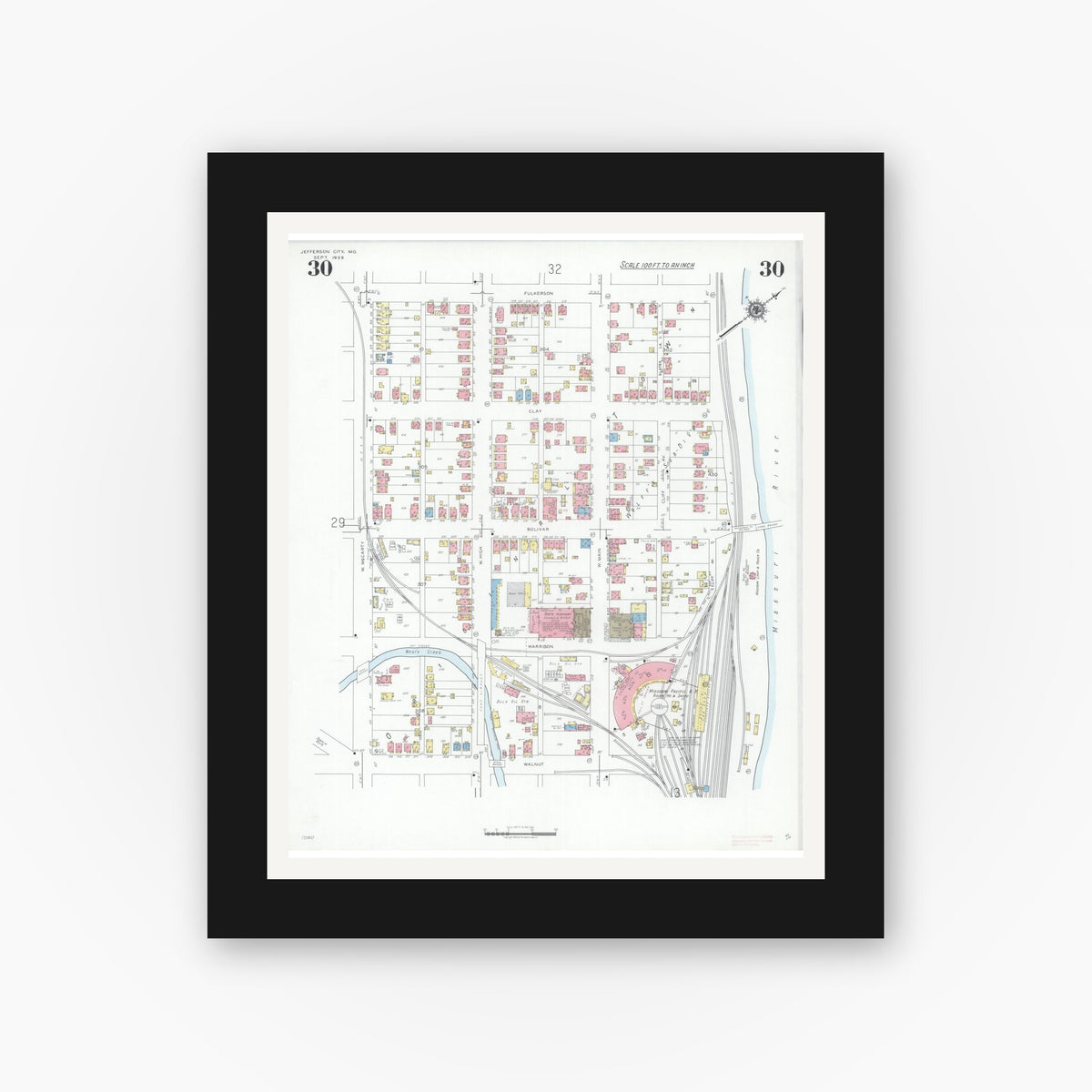 Old map wall art mockup — black gallery frame with white mat — Sanborn Fire Insurance Map from Jefferson City, Cole County, Missouri (1939), Sheet #0030