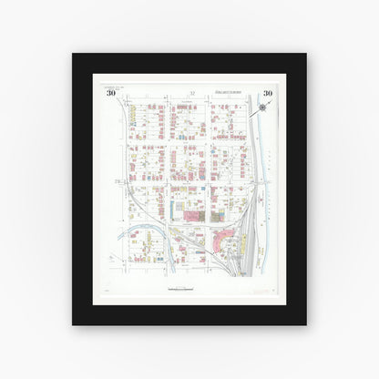 Old map wall art mockup — black gallery frame with white mat — Sanborn Fire Insurance Map from Jefferson City, Cole County, Missouri (1939), Sheet #0030
