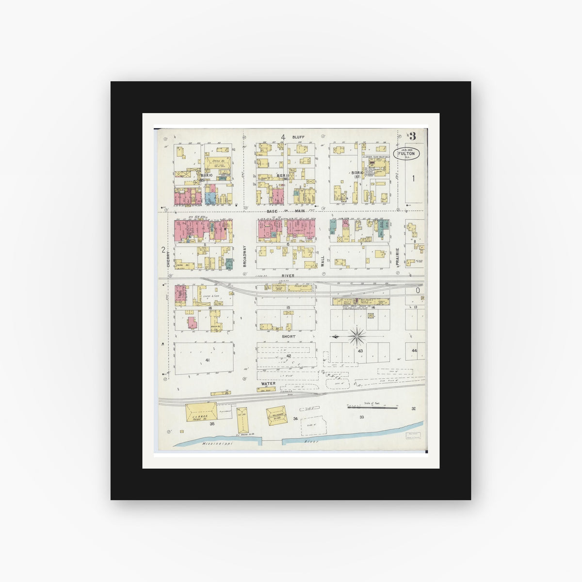 Old map wall art mockup — black gallery frame with white mat — Sanborn Fire Insurance Map from Fulton, Whiteside County, Illinois (1903), Sheet #0003