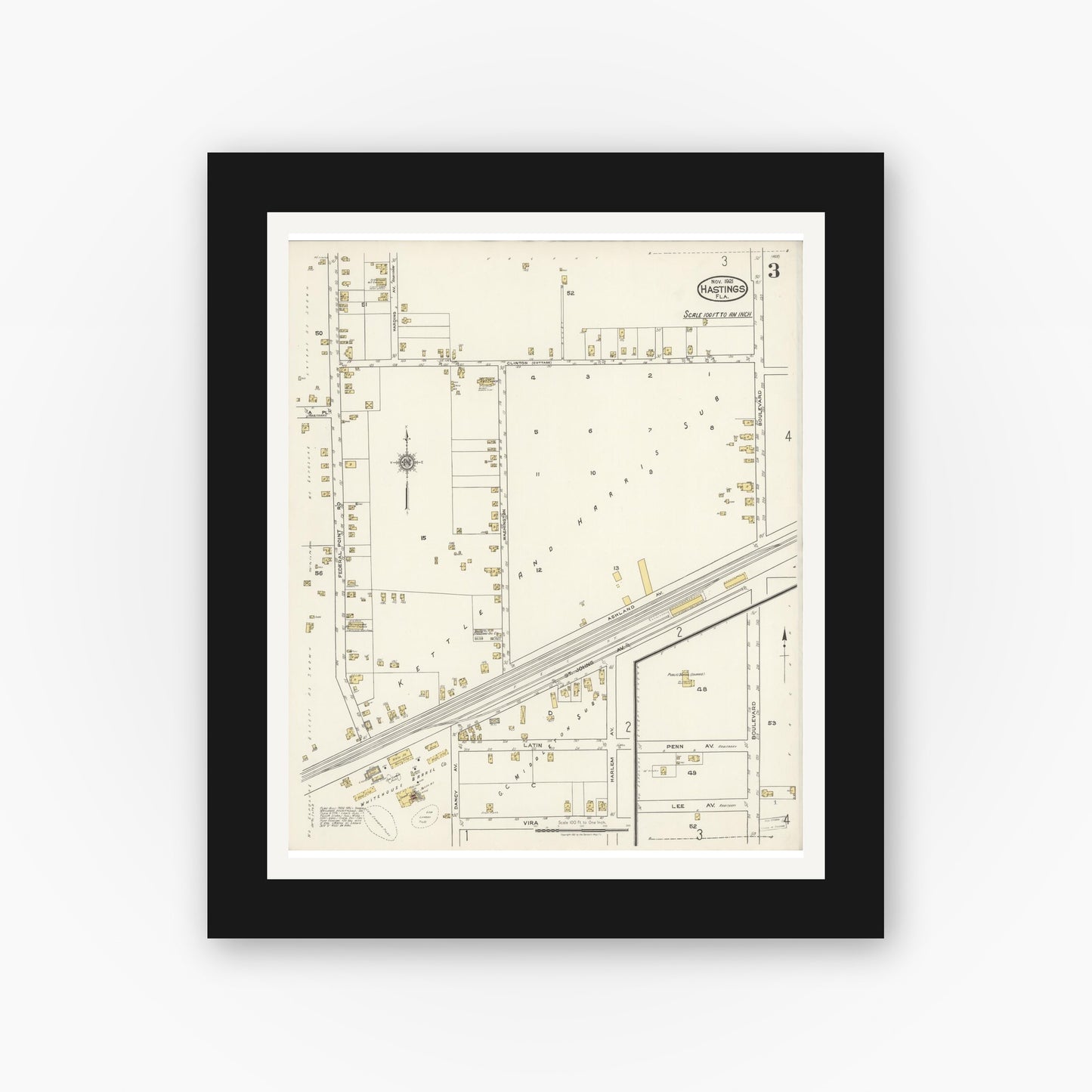Old map wall art mockup — black gallery frame with white mat — Sanborn Fire Insurance Map from Hastings, St. Johns County, Florida (1921), Sheet #0003