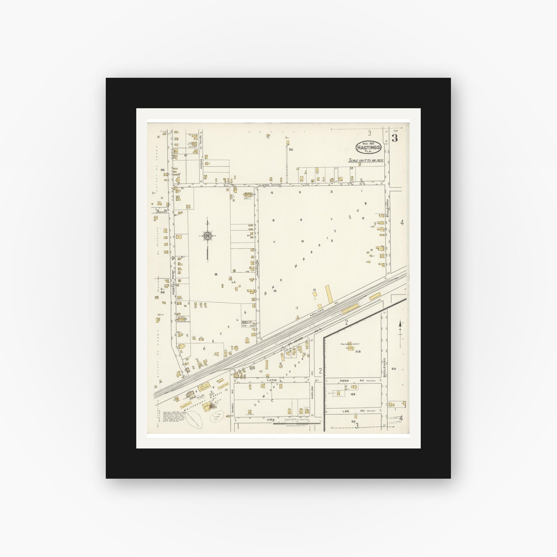 Old map wall art mockup — black gallery frame with white mat — Sanborn Fire Insurance Map from Hastings, St. Johns County, Florida (1921), Sheet #0003