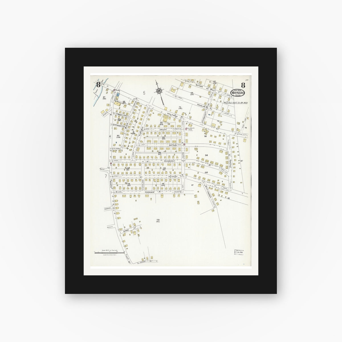 Old map wall art mockup — black gallery frame with white mat — Sanborn Fire Insurance Map from Maynard, Middlesex County, Massachusetts (1924), Sheet #0008