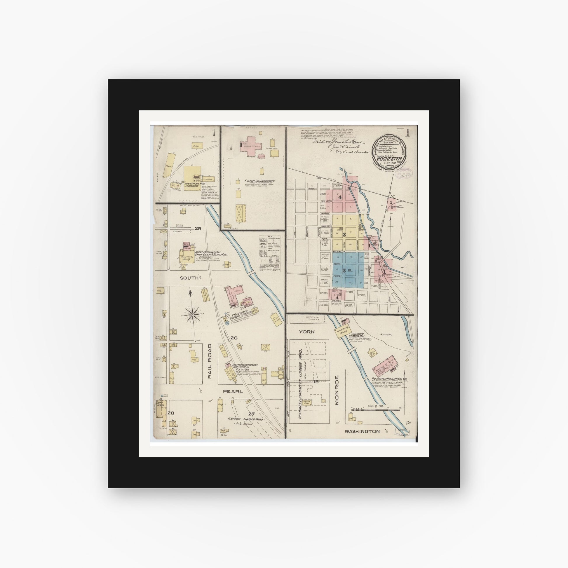Old map wall art mockup — black gallery frame with white mat — Sanborn Fire Insurance Map from Rochester, Fulton County, Indiana (1885) - Complete Map Set