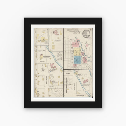 Old map wall art mockup — black gallery frame with white mat — Sanborn Fire Insurance Map from Rochester, Fulton County, Indiana (1885) - Complete Map Set