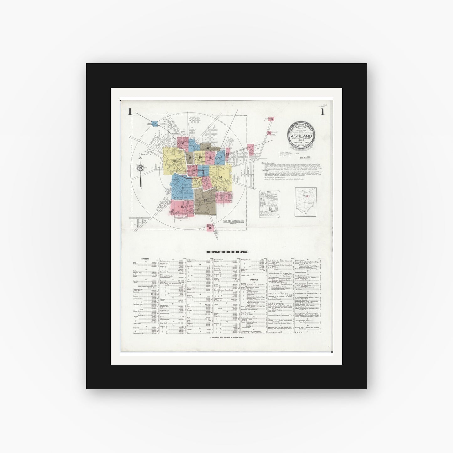 Old map wall art mockup — black gallery frame with white mat — Sanborn Fire Insurance Map from Ashland, Ashland County, Ohio (1930), Sheet #0001