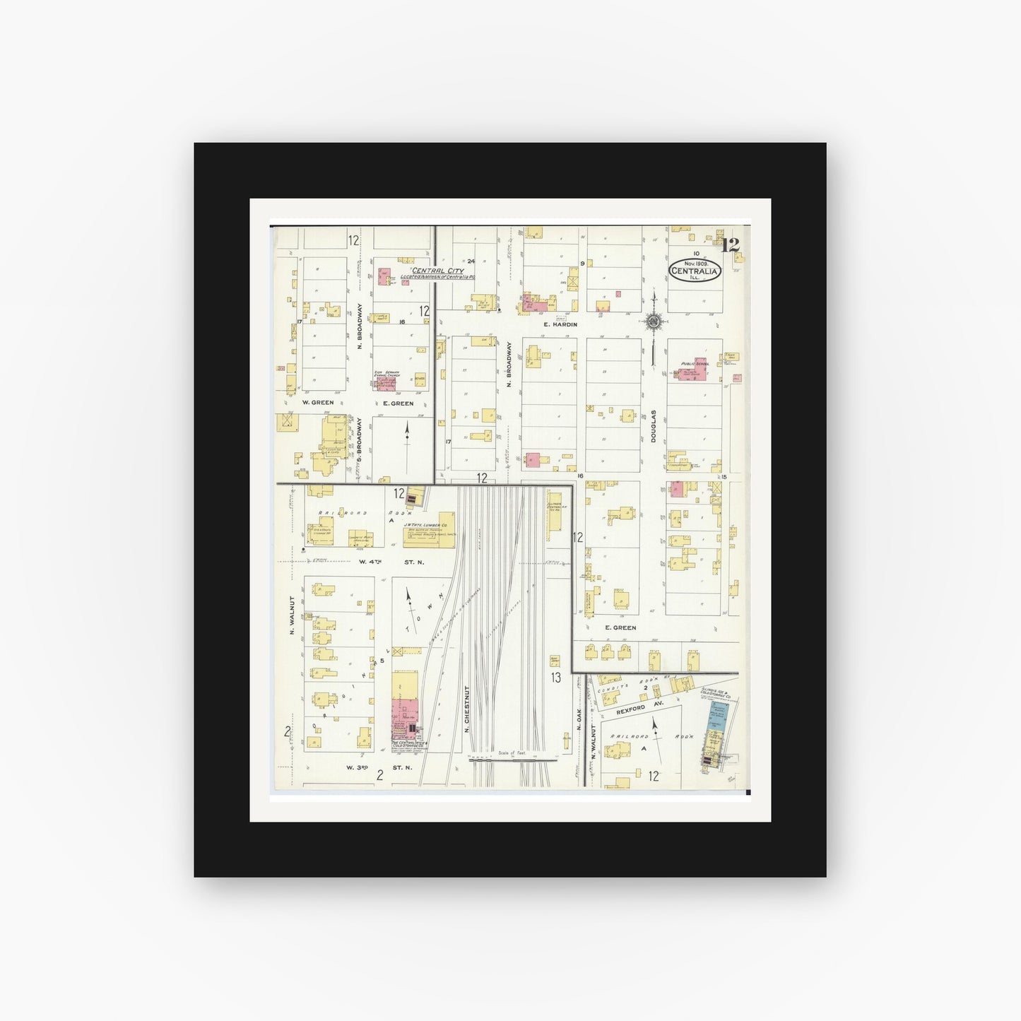 Old map wall art mockup — black gallery frame with white mat — Sanborn Fire Insurance Map from Centralia, Marion, Clinton, Jefferson, and Washington Counties, Illinois (1909), Sheet #0012