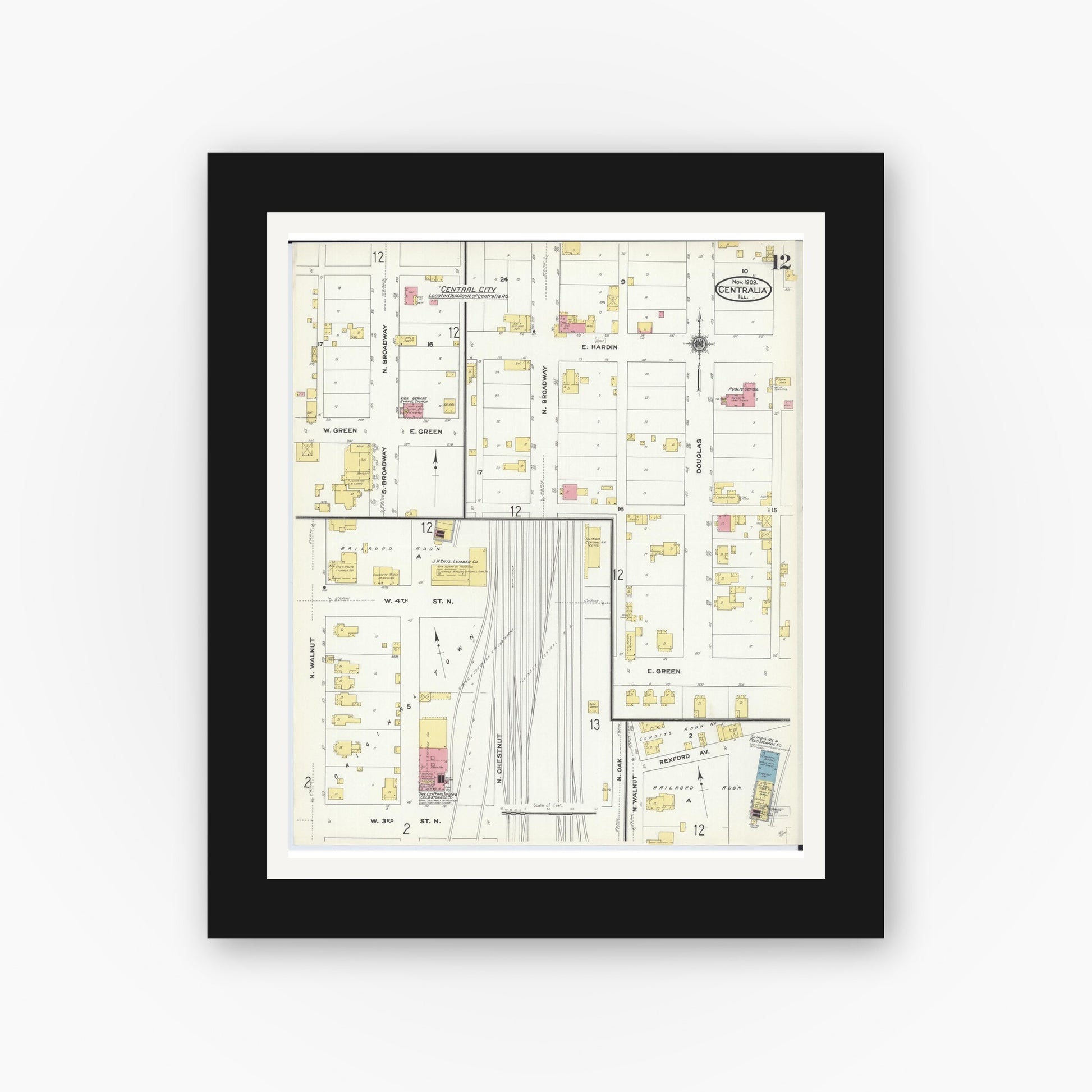 Old map wall art mockup — black gallery frame with white mat — Sanborn Fire Insurance Map from Centralia, Marion, Clinton, Jefferson, and Washington Counties, Illinois (1909), Sheet #0012
