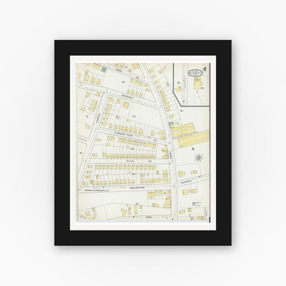 Old map wall art mockup — black gallery frame with white mat — Sanborn Fire Insurance Map from Everett, Middlesex County, Massachusetts (1892), Sheet #0004