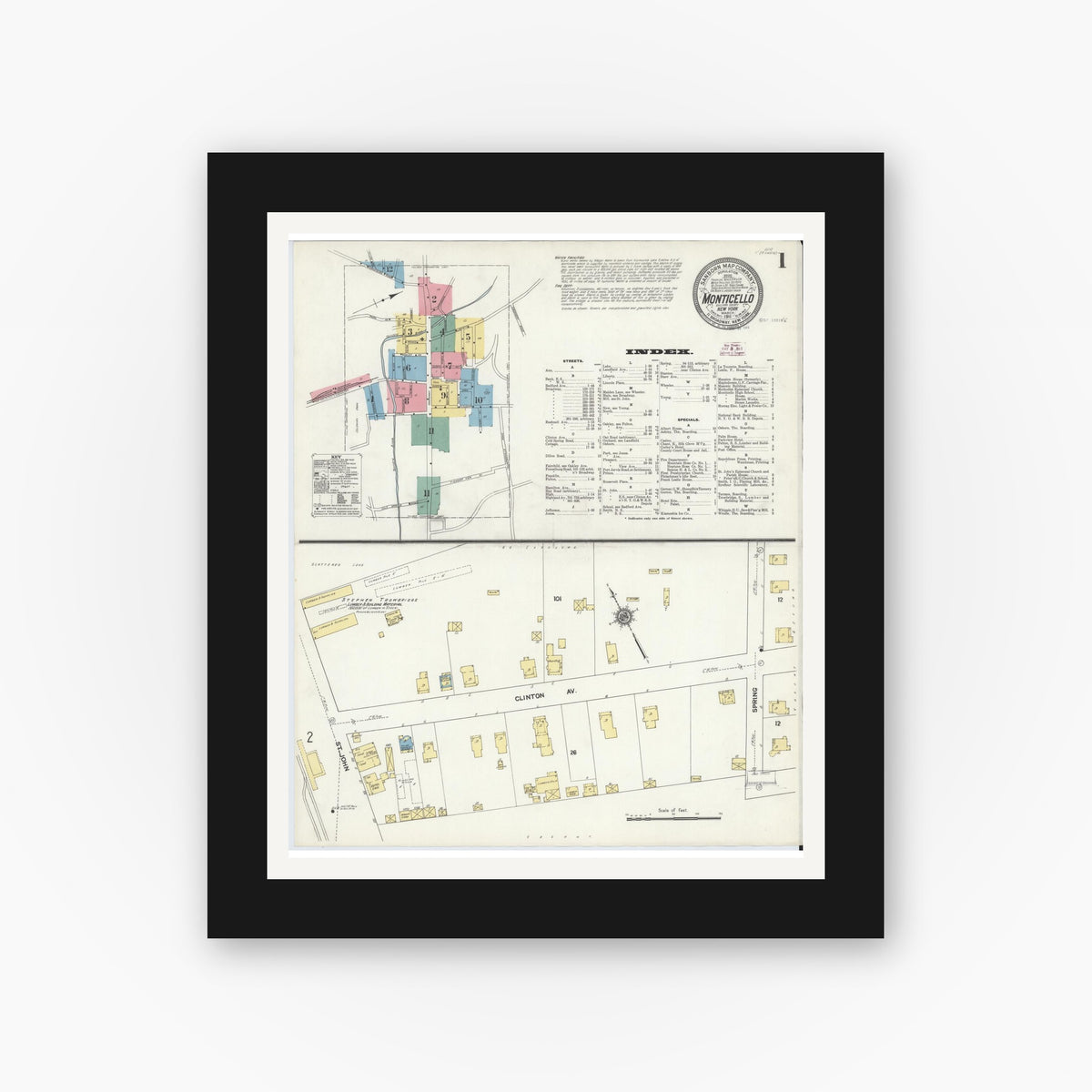 Old map wall art mockup — black gallery frame with white mat — Sanborn Fire Insurance Map from Monticello, Sullivan County, New York (1911), Sheet #0001