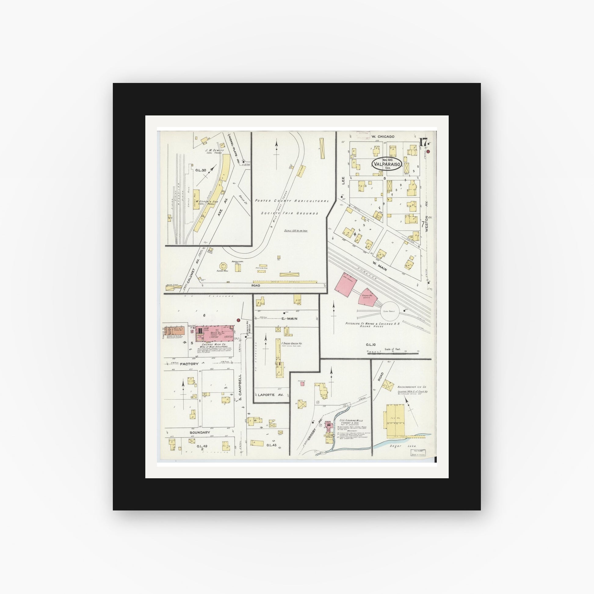 Old map wall art mockup — black gallery frame with white mat — Sanborn Fire Insurance Map from Valparaiso, Porter County, Indiana (1910), Sheet #0017