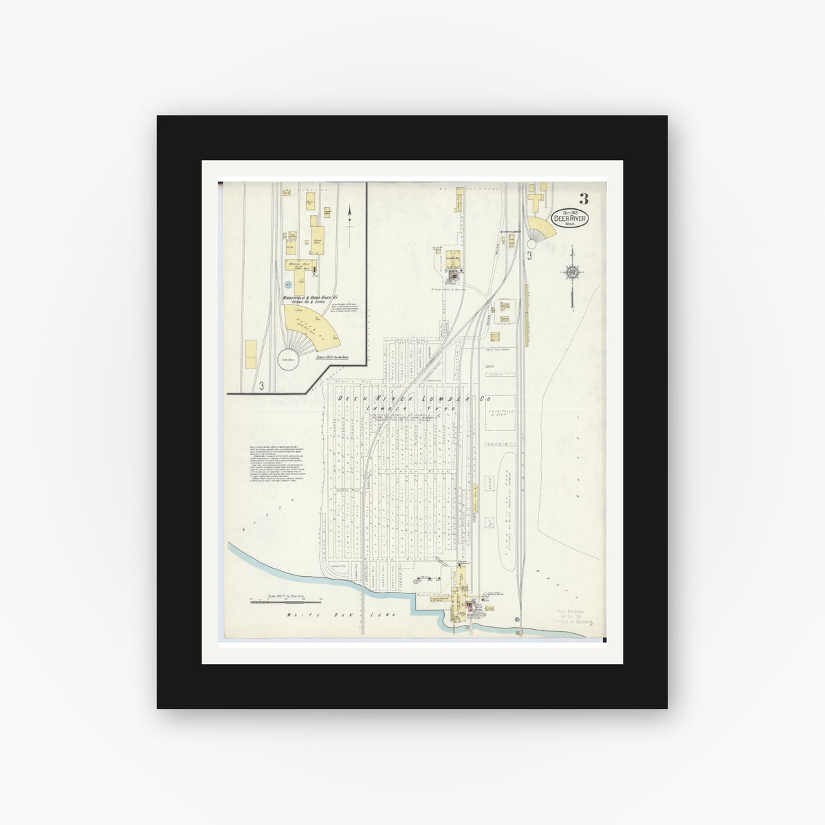 Old map wall art mockup — black gallery frame with white mat — Sanborn Fire Insurance Map from Deer River, Itasca County, Minnesota (1913), Sheet #0003
