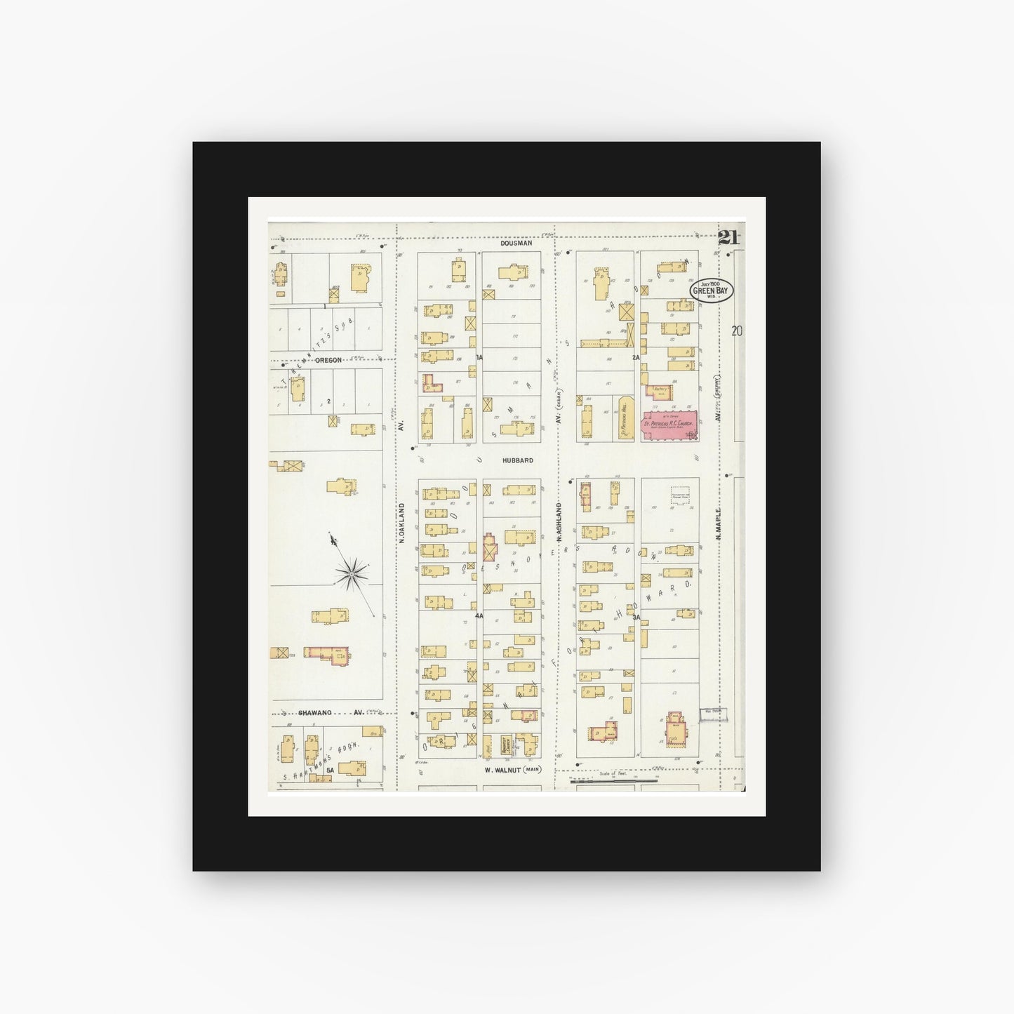 Old map wall art mockup — black gallery frame with white mat — Sanborn Fire Insurance Map from Green Bay, Brown County, Wisconsin (1900), Sheet #0021