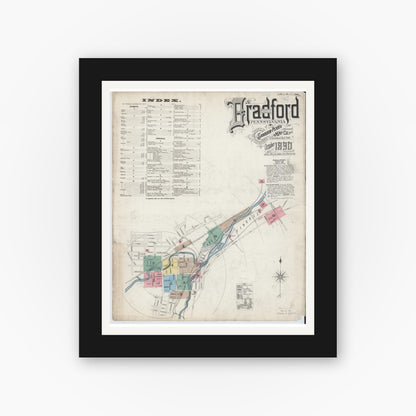 Old map wall art mockup — black gallery frame with white mat — Sanborn Fire Insurance Map from Bradford, McKean County, Pennsylvania (1890), Sheet #0001
