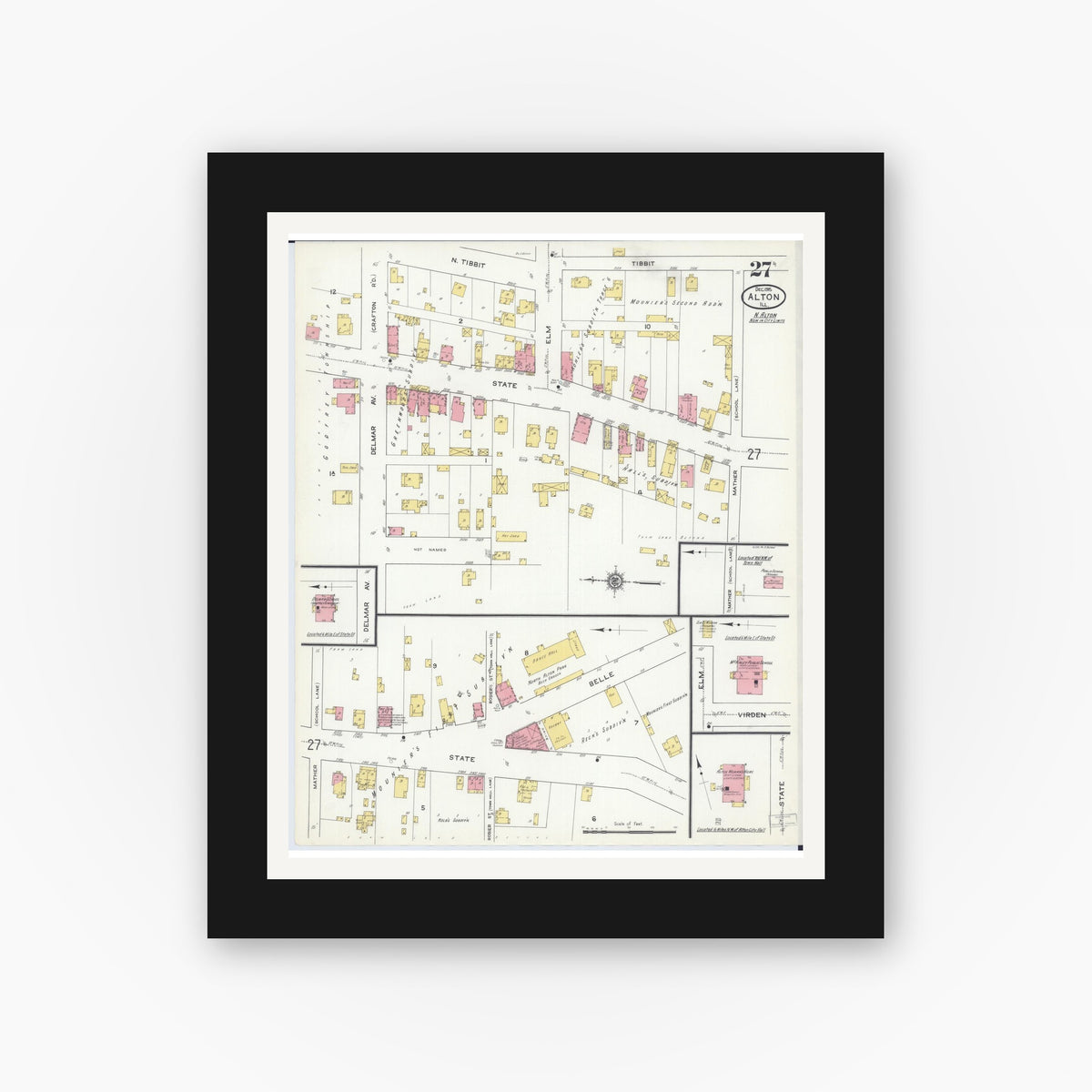 Old map wall art mockup — black gallery frame with white mat — Sanborn Fire Insurance Map from Alton, Madison County, Illinois (1915), Sheet #0027