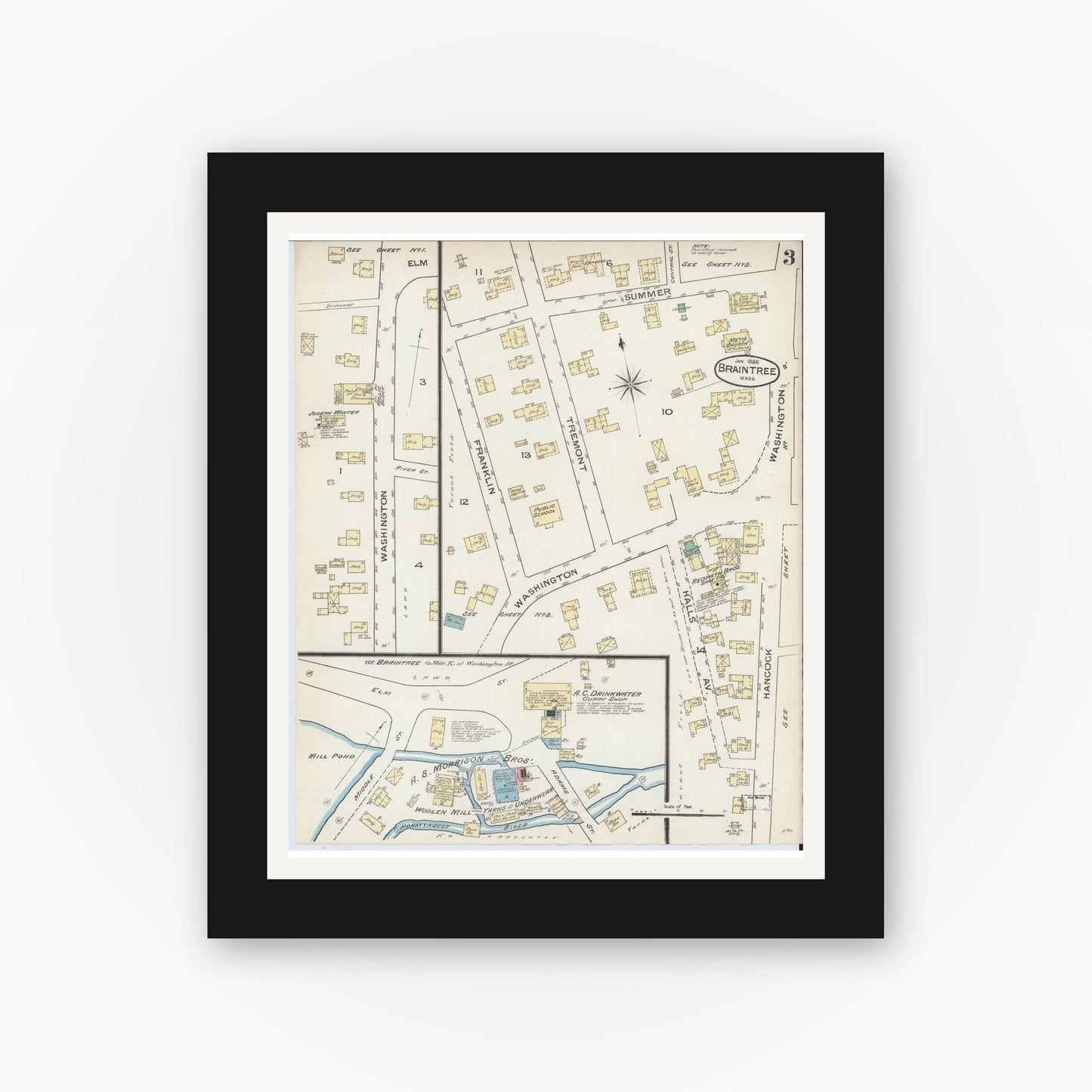 Old map wall art mockup — black gallery frame with white mat — Sanborn Fire Insurance Map from Braintree, Norfolk County, Massachusetts (1886), Sheet #0003