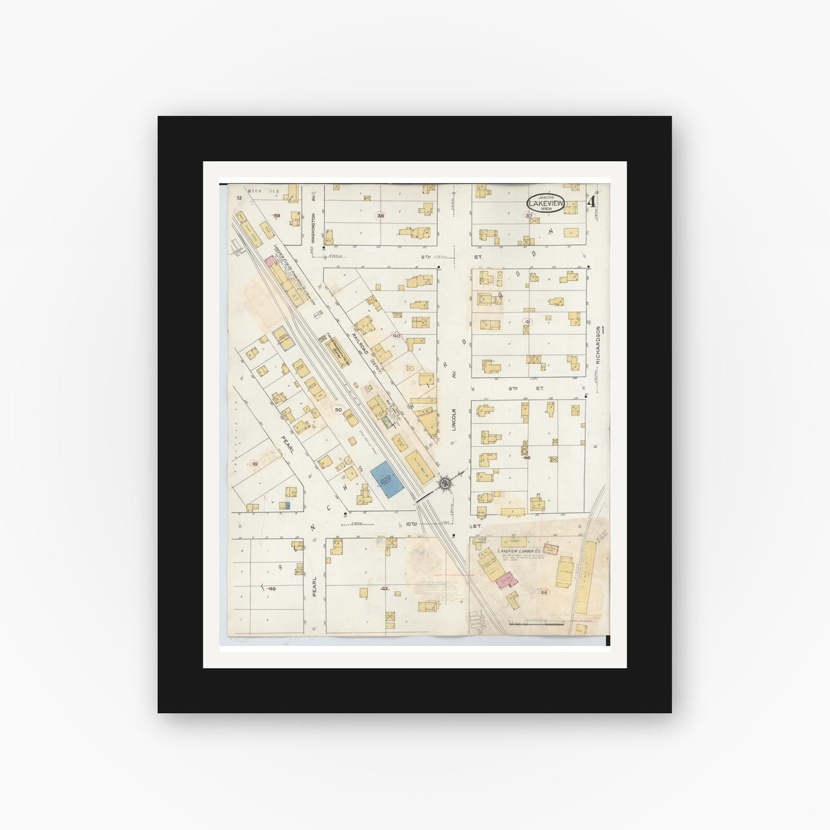 Old map wall art mockup — black gallery frame with white mat — Sanborn Fire Insurance Map from Lakeview, Montcalm County, Michigan (1932), Sheet #0004