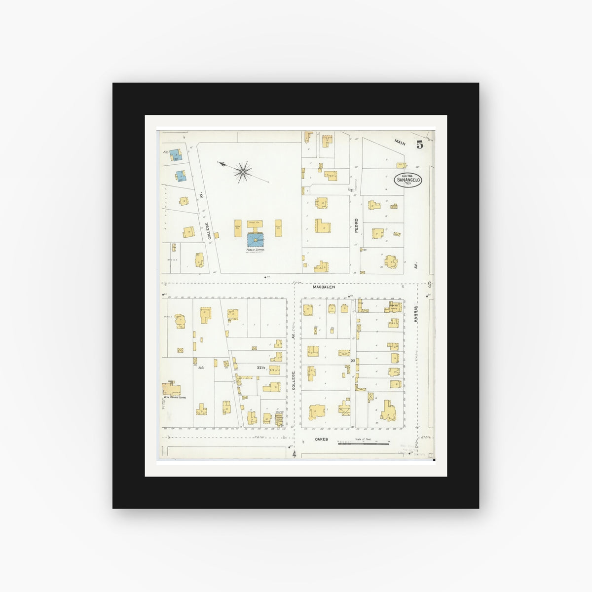 Old map wall art mockup — black gallery frame with white mat — Sanborn Fire Insurance Map from San Angelo, Tom Green County, Texas (1904), Sheet #0005