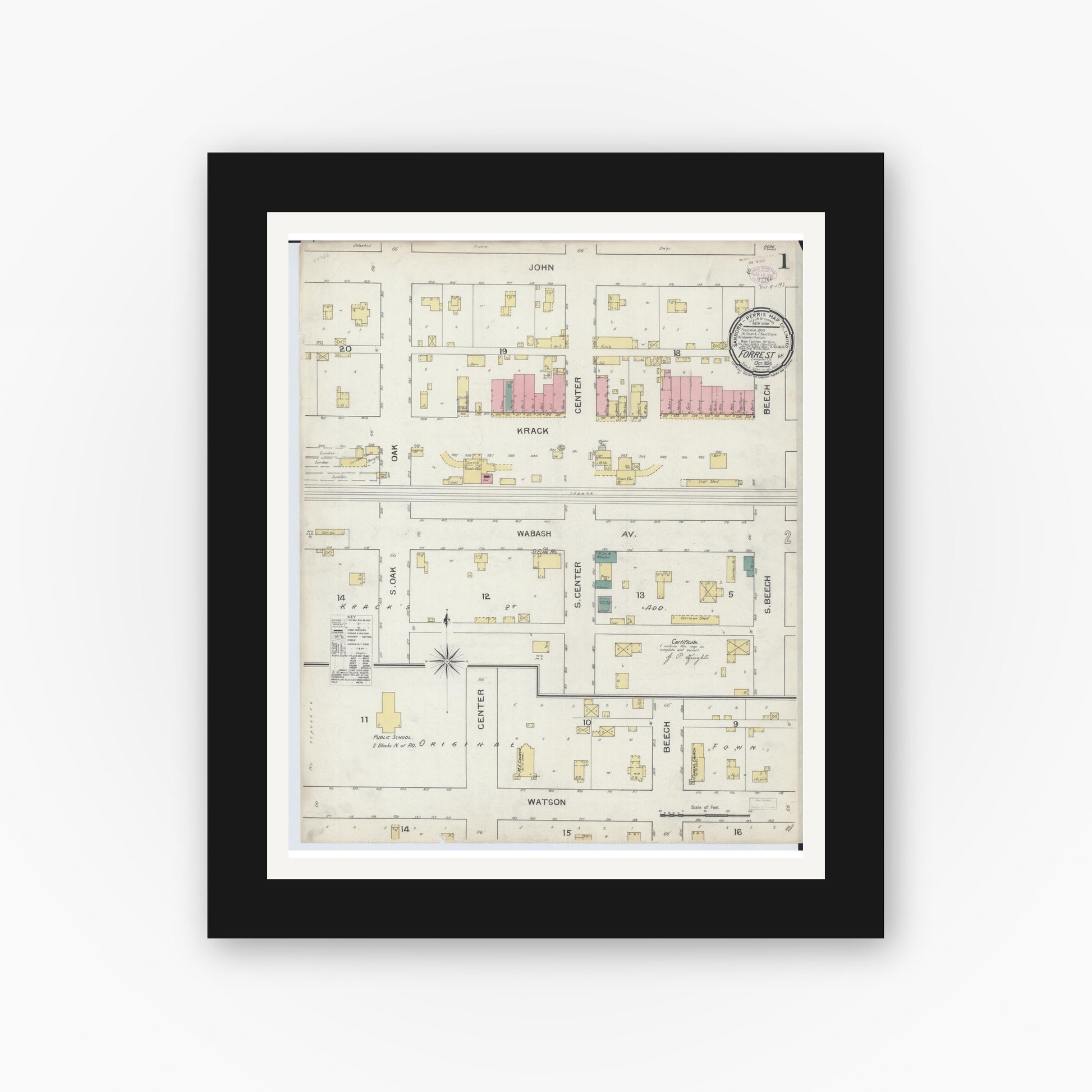 Old map wall art mockup — black gallery frame with white mat — Sanborn Fire Insurance Map from Forrest, Livingston County, Illinois (1893) - Complete Map Set