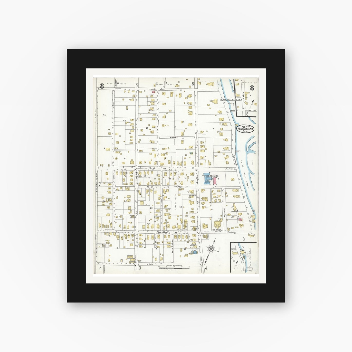 Old map wall art mockup — black gallery frame with white mat — Sanborn Fire Insurance Map from New Smyrna, Valusia County, Florida (1924), Sheet #0008