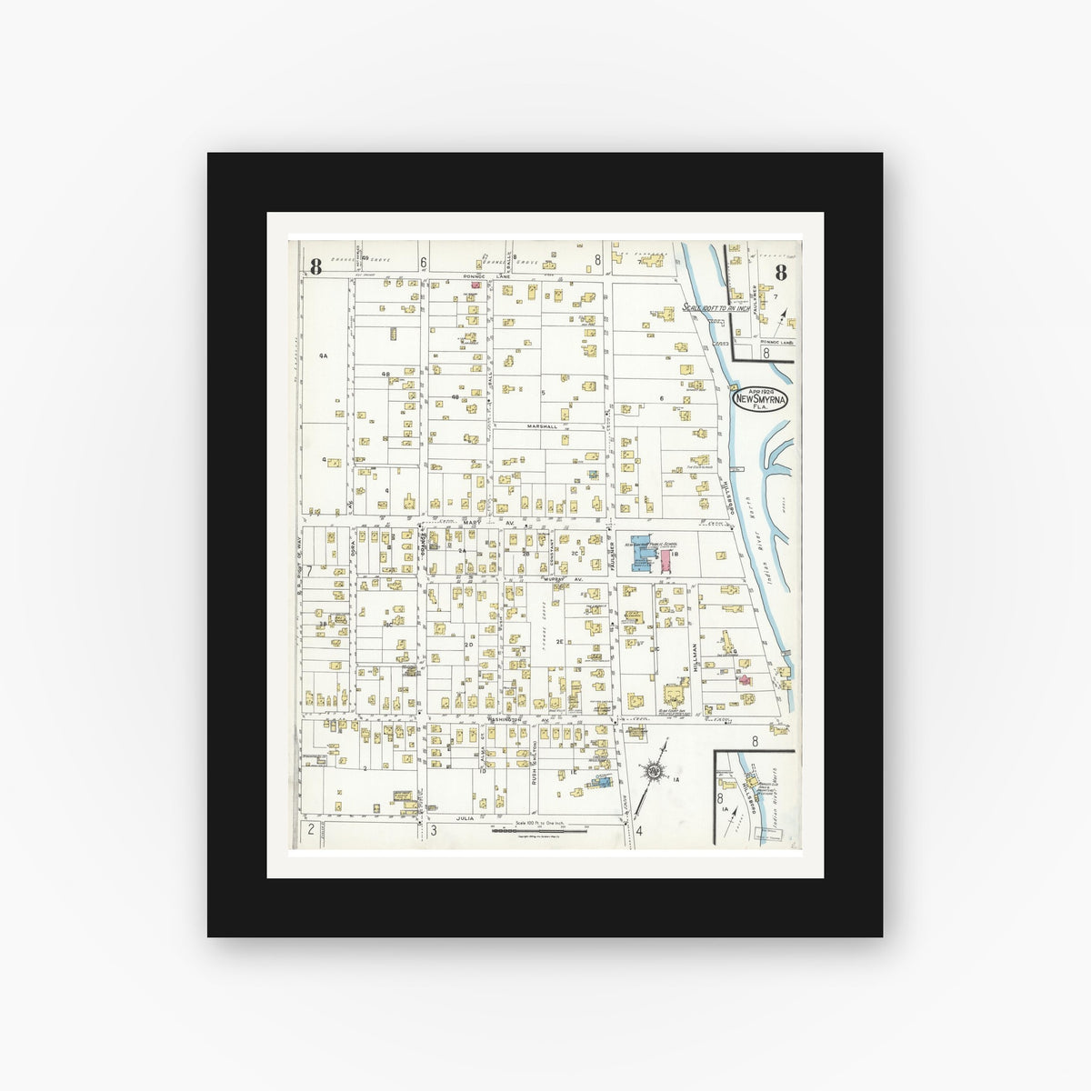 Old map wall art mockup — black gallery frame with white mat — Sanborn Fire Insurance Map from New Smyrna, Valusia County, Florida (1924), Sheet #0008