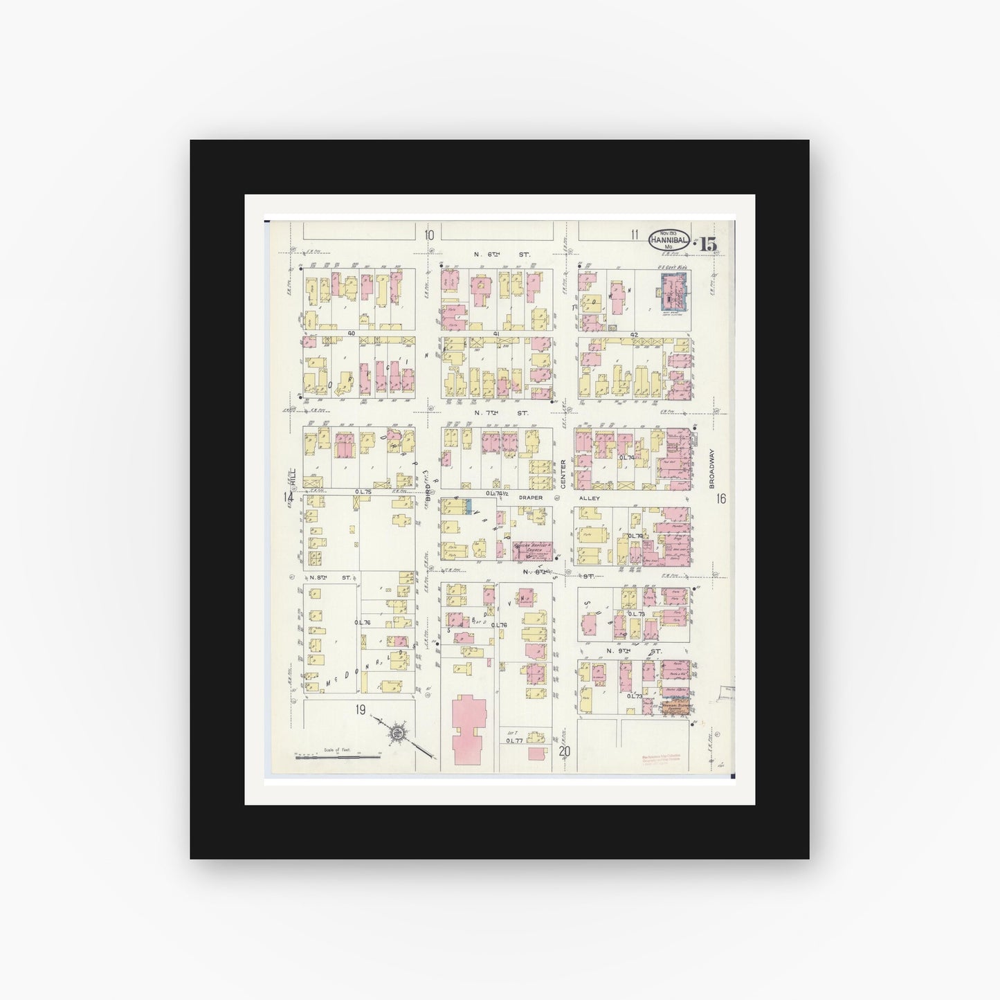 Old map wall art mockup — black gallery frame with white mat — Sanborn Fire Insurance Map from Hannibal, Marion County, Missouri (1913), Sheet #0015