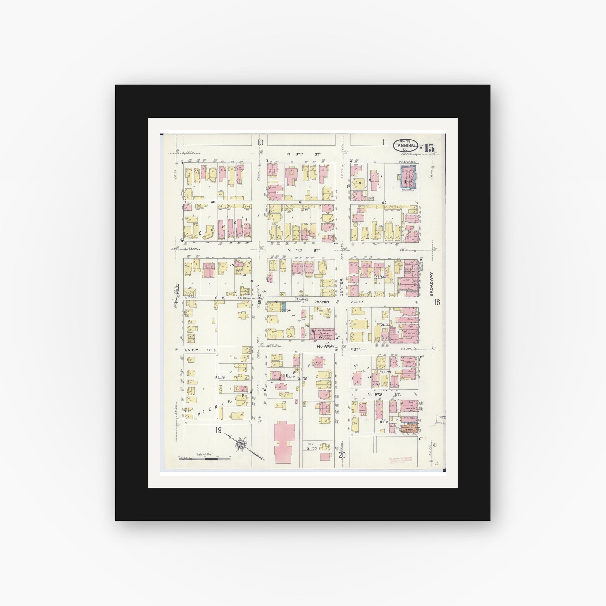 Old map wall art mockup — black gallery frame with white mat — Sanborn Fire Insurance Map from Hannibal, Marion County, Missouri (1913), Sheet #0015
