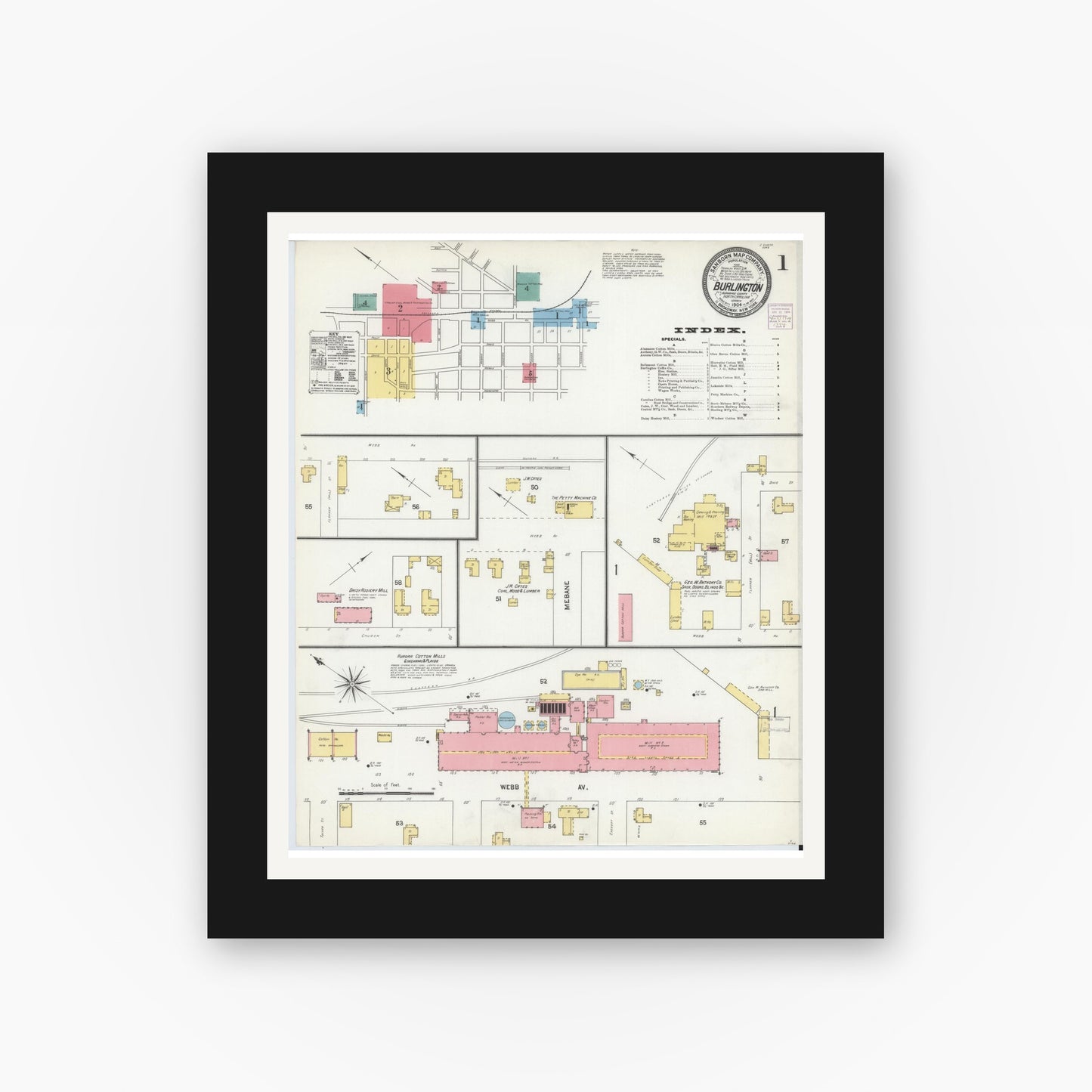 Old map wall art mockup — black gallery frame with white mat — Sanborn Fire Insurance Map from Burlington, Alamance County, North Carolina (1904) - Complete Map Set