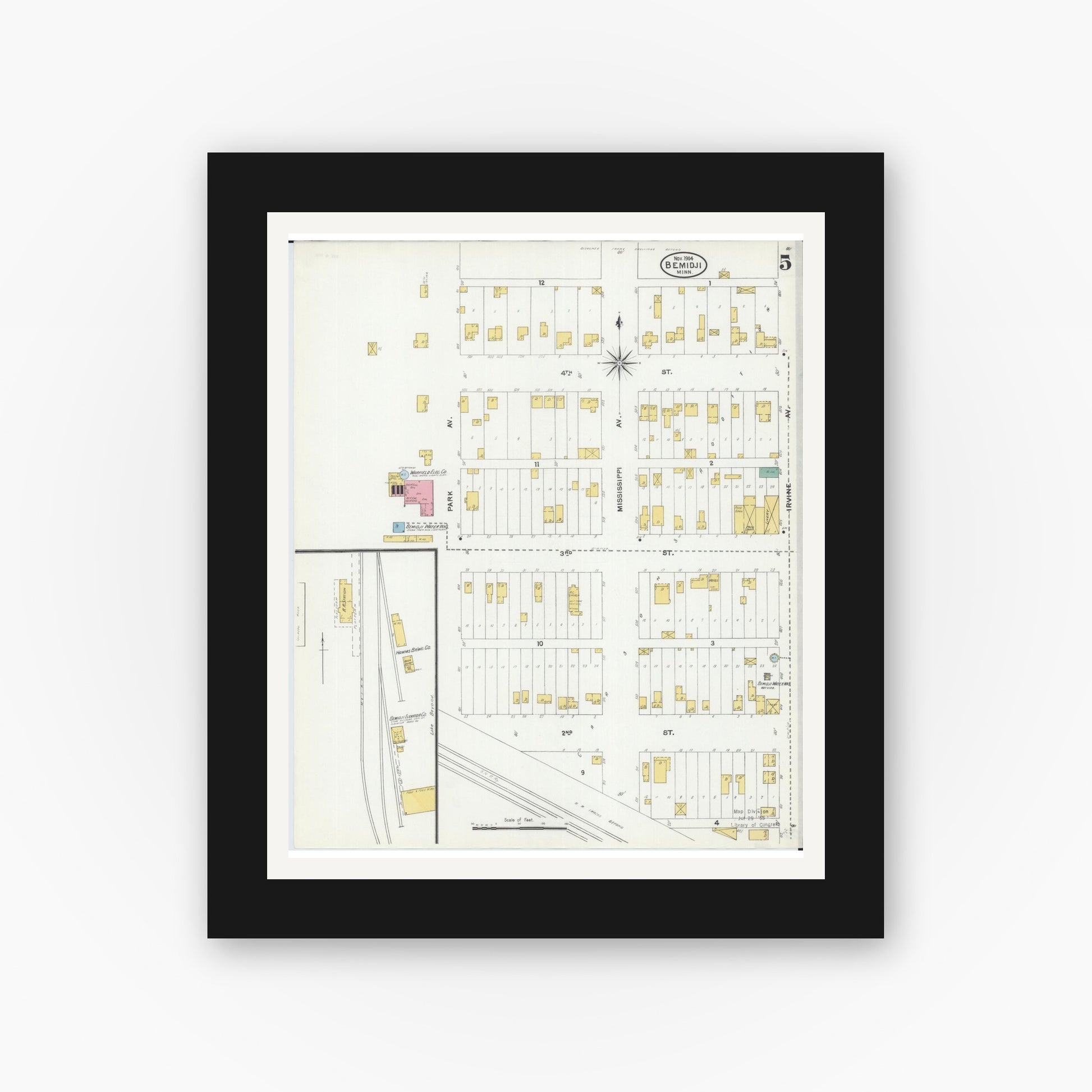 Old map wall art mockup — black gallery frame with white mat — Sanborn Fire Insurance Map from Bemidji, Beltrami County, Minnesota (1904), Sheet #0005