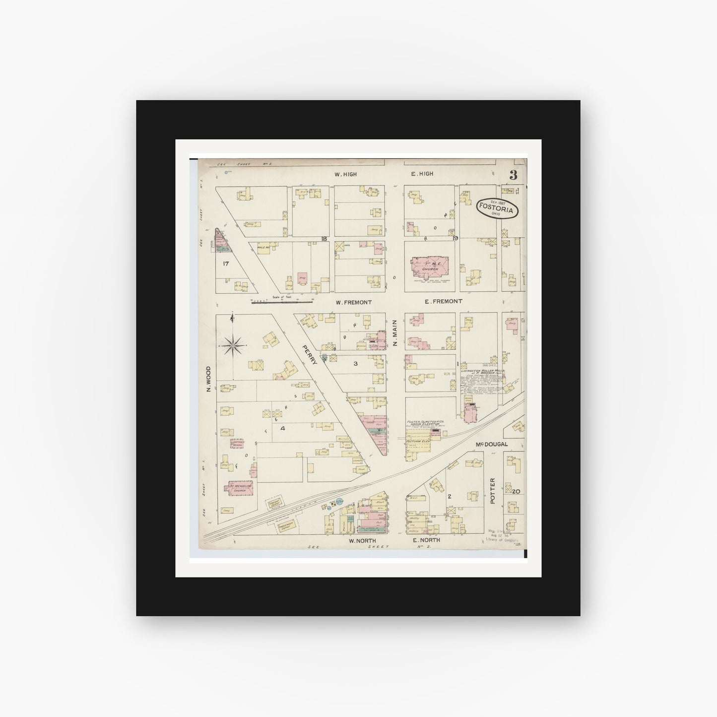 Old map wall art mockup — black gallery frame with white mat — Sanborn Fire Insurance Map from Fostoria, Seneca, Hancock, And Wood Counties, Ohio (1887), Sheet #0003